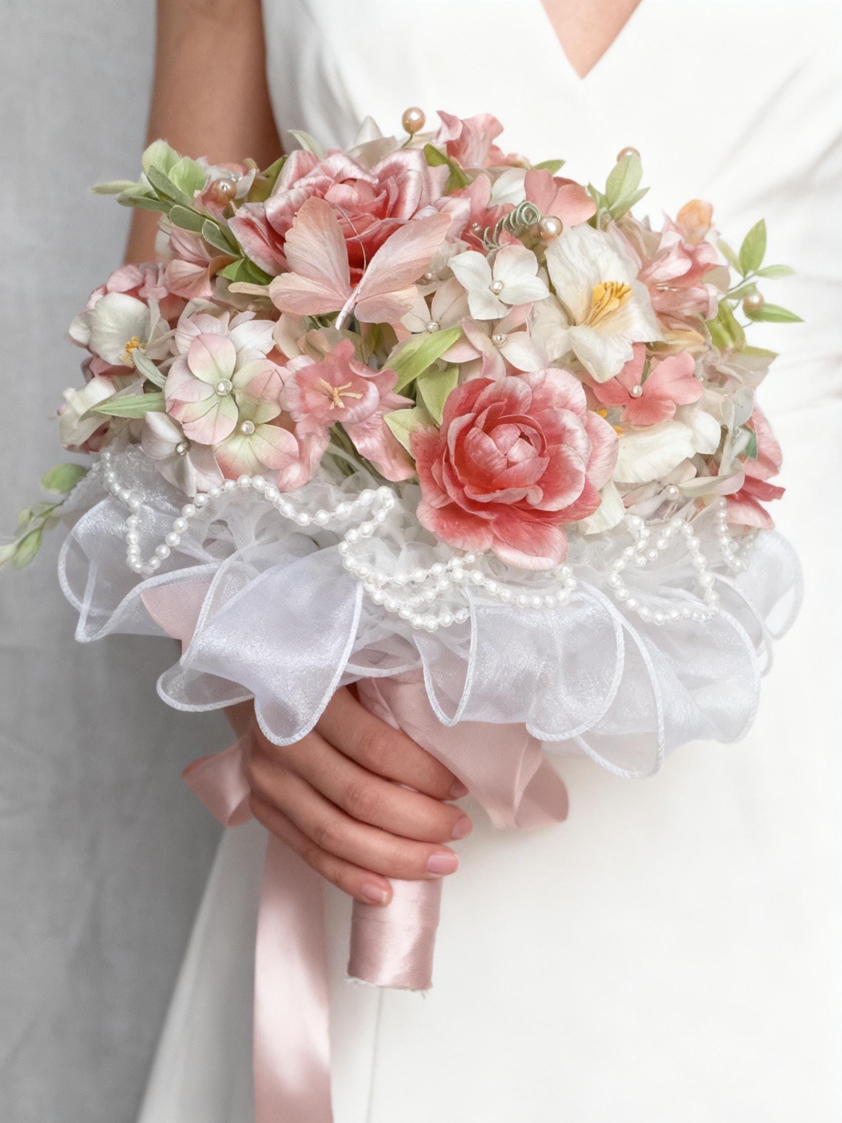 Bouquet da sposa di lusso avvolto in seta di gelso, bouquet da sposa fatto a mano che non appassisce mai