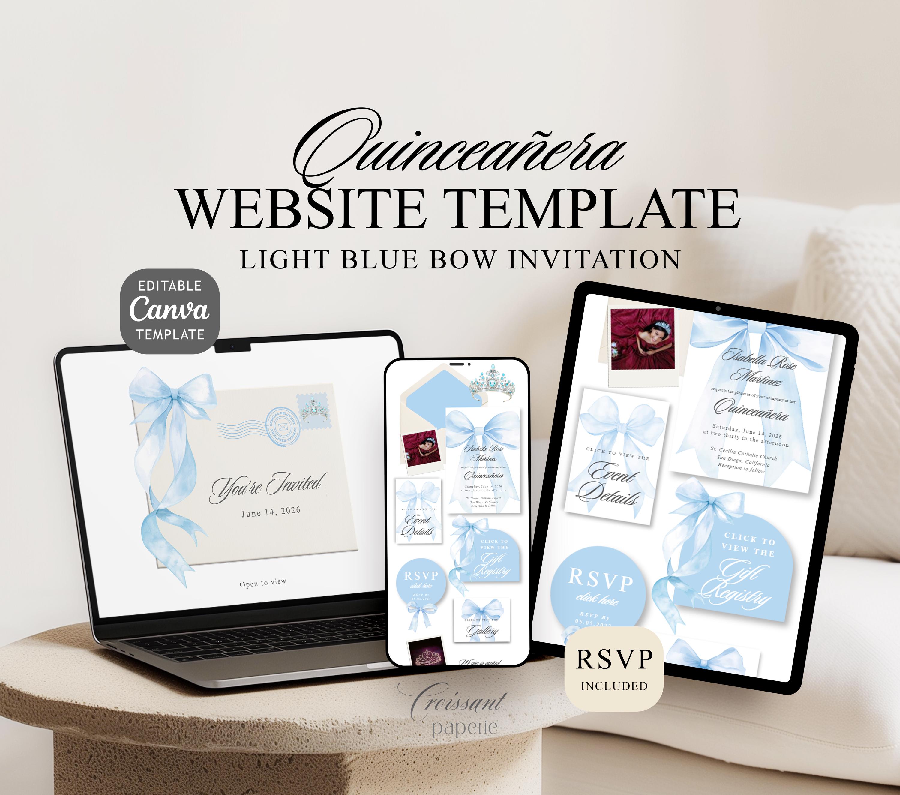 Invito digitale per Quinceañera blu, modello di sito web con RSVP, sito web modificabile su Canva, invito digitale per il 15o compleanno con fiocco bl