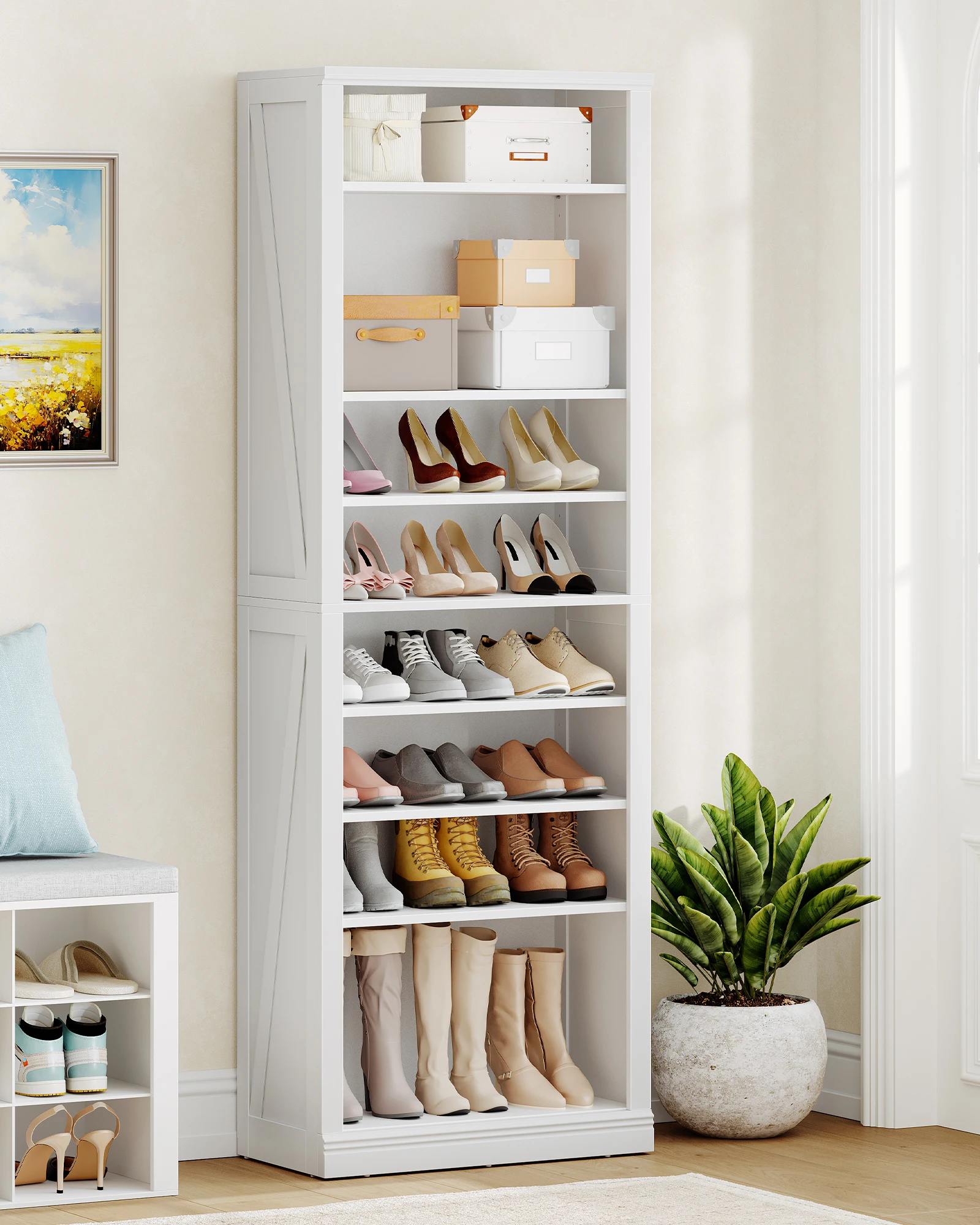 Weißer Schuhschrank, freistehender Schuhschrank mit 27–30 Paaren, verstellbarer Trennwand, Schuhschrank für Eingang, Wohnzimmer, Schlafzimmer