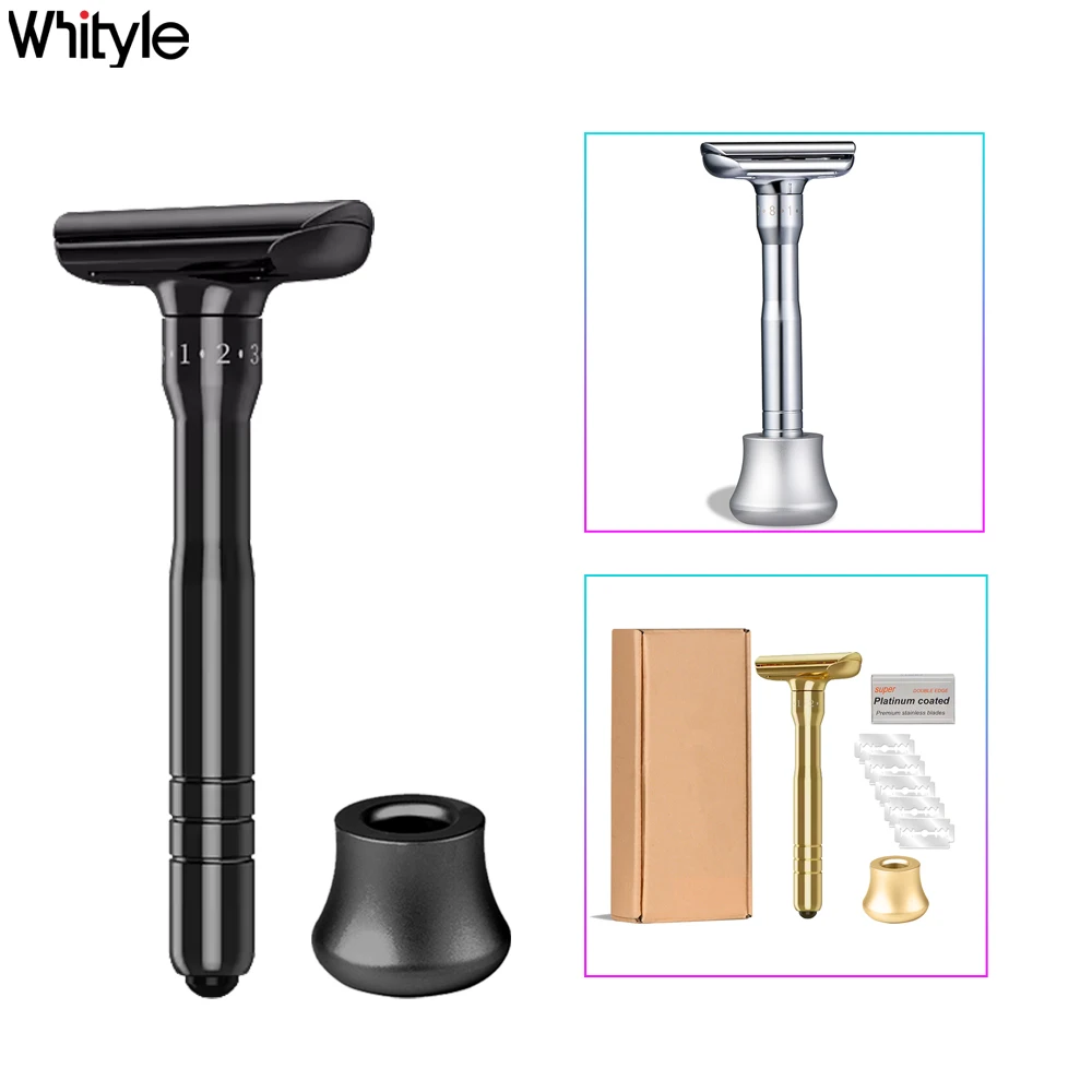 Whityle 01TS Double Edge 1–8 Schärfe verstellbarer Sicherheitsrasierer mit Halterständer für Männer, manueller Rasierer mit 5 Klingen Image