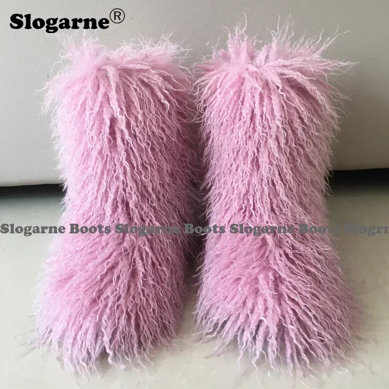 2026 Damen Winter Schneestiefel Outdoor Kunstfell-Stiefel Luxuriöse Flauschige Lockige Fellstiefel Damen Plüsch Warme 3CM Plateau-Schuhe Große Größen