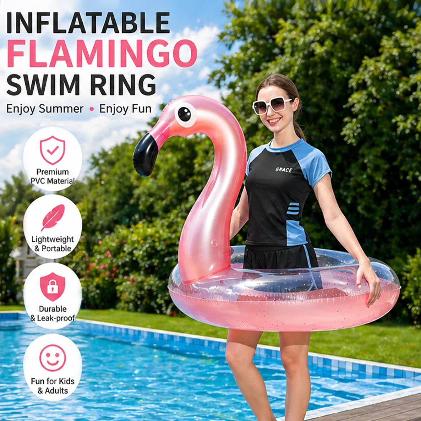 1 Stück Aufblasbarer Flamingo Schwimmring, Rosa Transparenter PVC-Schwimmreifen, Langlebig und Tragbar für Strand, See und Party