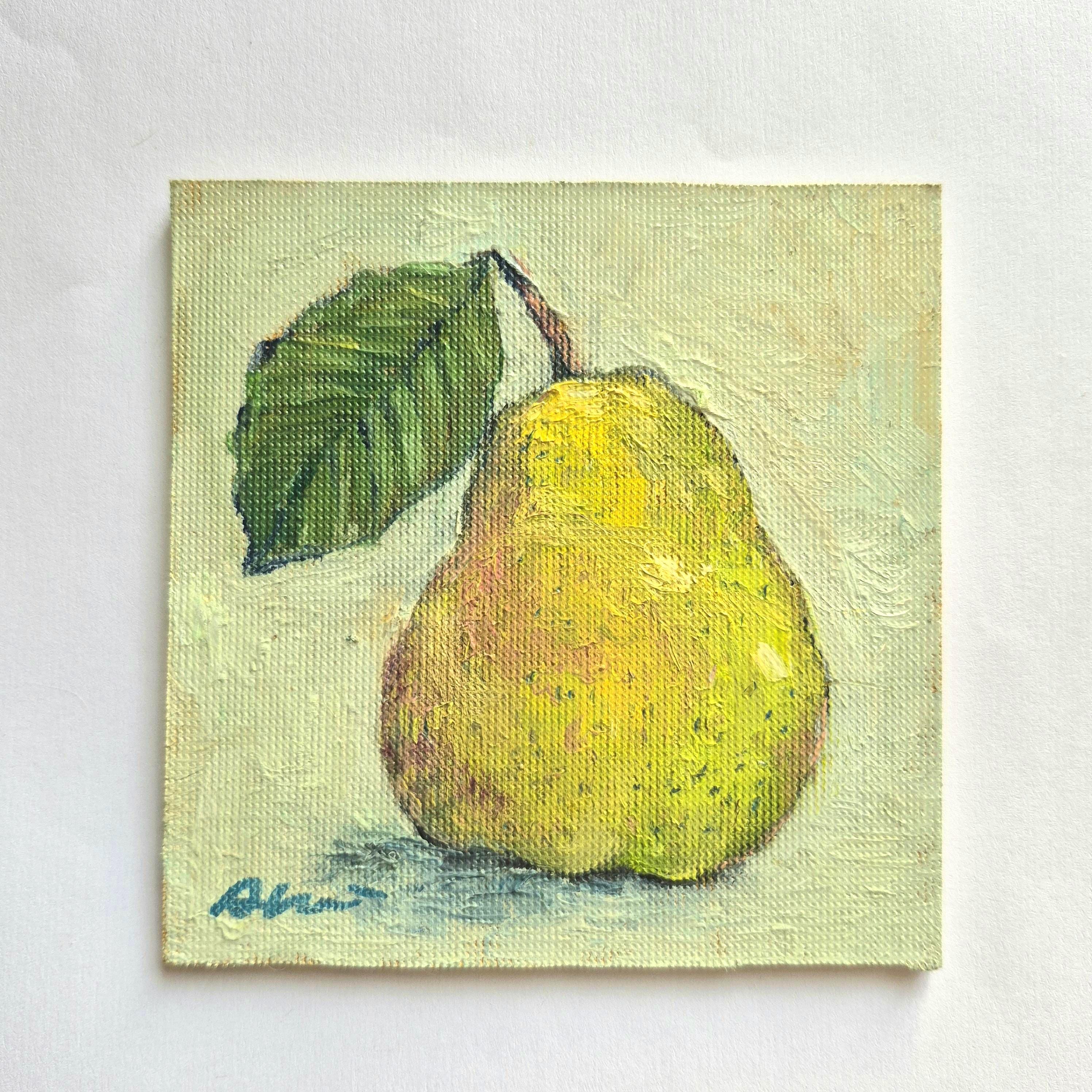 Dipinto ad olio su tela con pera gialla, piccola natura morta, opera d'arte originale con frutta, decorazione da cucina, arte murale con pera