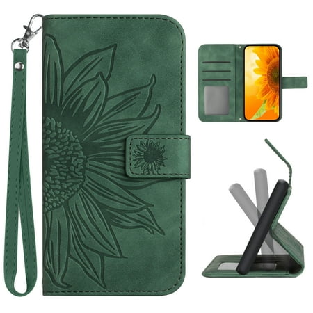 Cowithday Flip Wallet Cover Case for Google Pixel 7 Pro Phone Pixel 7 Pro 5G Cases for Cell Phones PU Leather Embossed Sunflower Shockproof Slim Case for Google Pixel 7 Pro 5G 6.7 inch Green