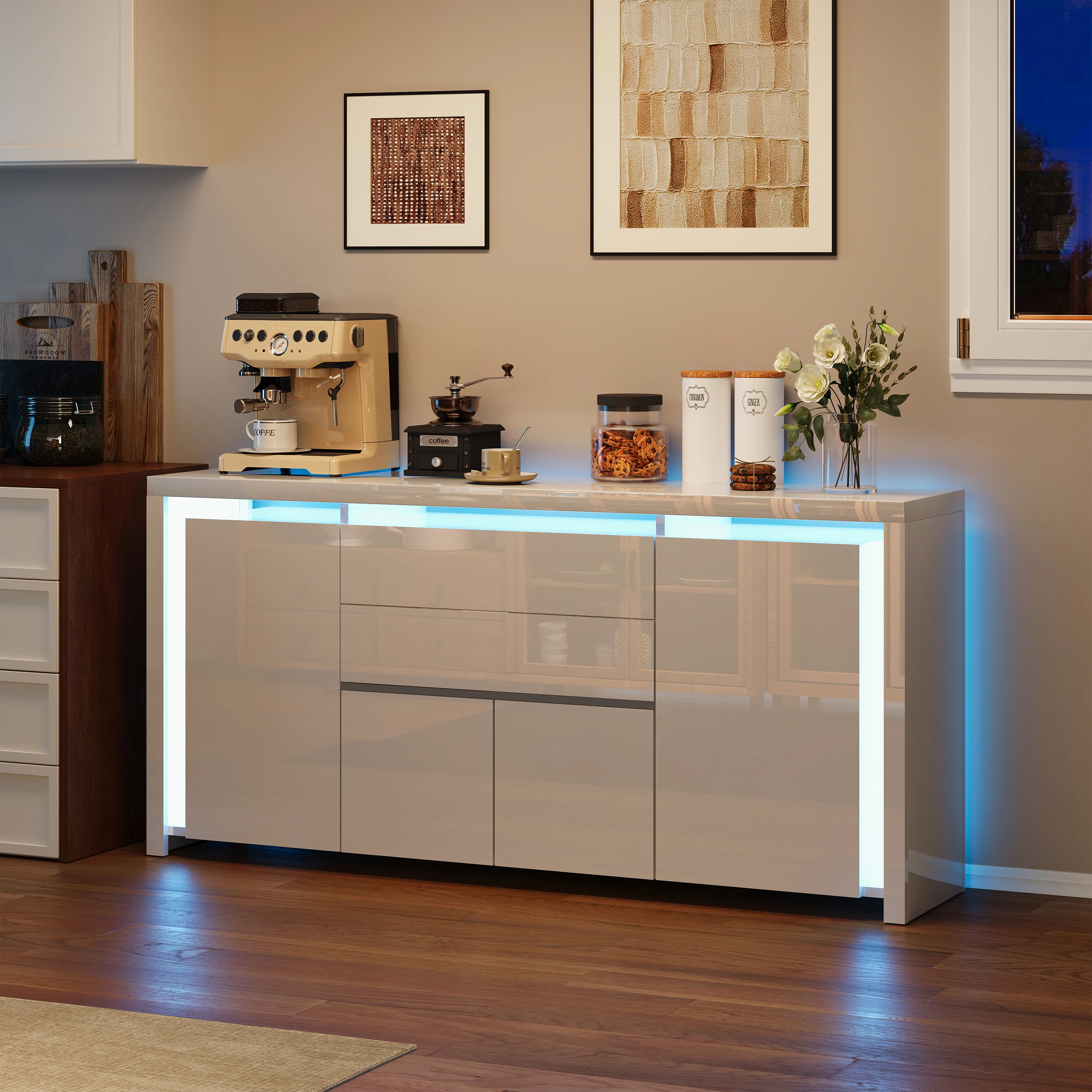 Rosahqnda Hochglanz-Sideboard für Wohnzimmer mit 3 Schubladen und 2 Türen, Buffetschrank mit LED-Lichtleiste, Wohnzimmerschrank