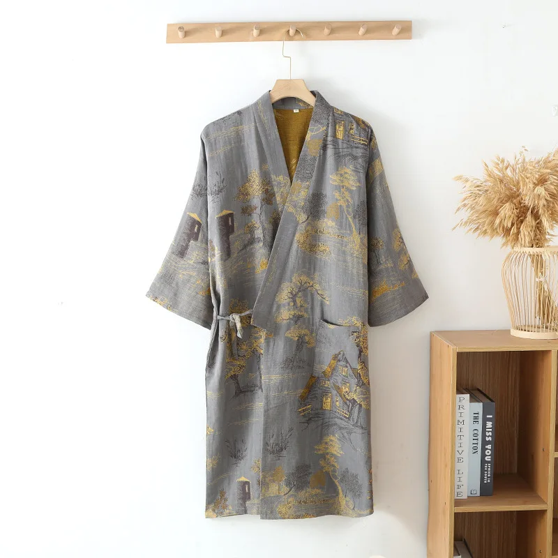 Reine Baumwolle Kimono Robe Pyjamas Frühling Sommer Neue Lose Doppel Schicht Gaze männer Bademantel Blumen Druck Nachtwäsche Lounge Kleid Image