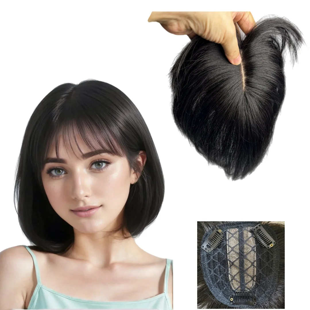 Unsichtbare Echthaar-Topper mit Spitzenbasis für Frauen, Clip-in-Haarteile mit Air Bangs, natürlicher Mittelteil, Scap Wiglets, deckt Haarausfall ab Image