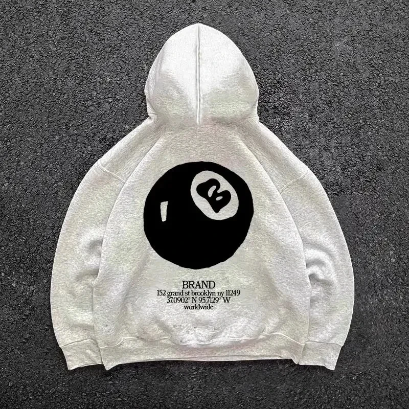 Retro-Streetwear für Herren mit 8-Kugelmuster und Kapuze, übergroßer Pullover, lässige und modische Sportbekleidung, Alltagskleidung und Hip-Hop-Stil Image