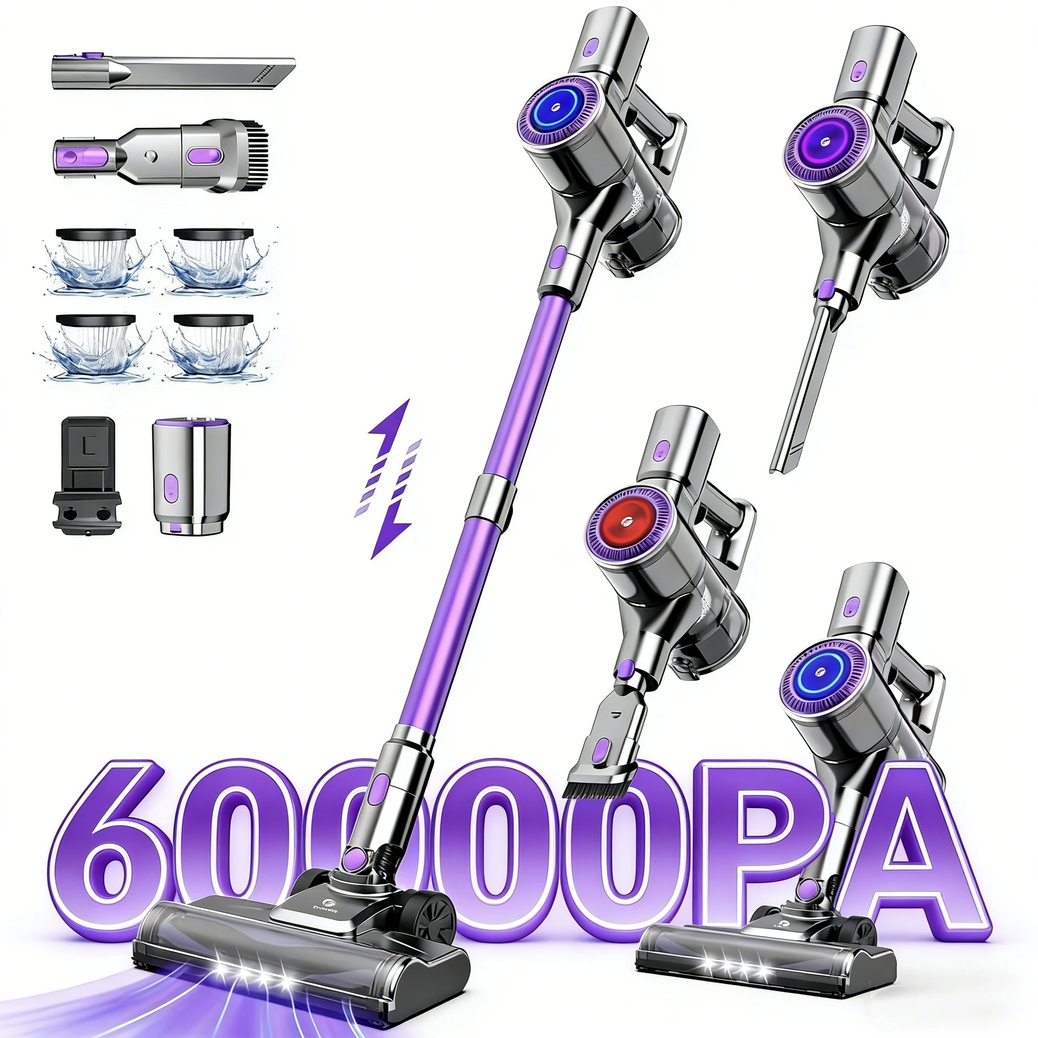 Kabelloser Staubsauger 60KPA, Leichter Stabstaubsauger mit LED-Bürste, Anti-Verwicklungs-Roller, Wandhalterung, für Hartböden Image
