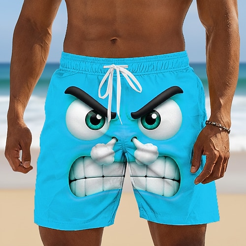 Herren 3D Zeichentrick Lustig Wütendes Gesicht Badehosen Badeanzüge Badeshorts Boardshorts Mittlere Taille Retro Vintage Strandurlaub Seitentaschen Netzfutter Elastischer Kordelzug in der Taille Image