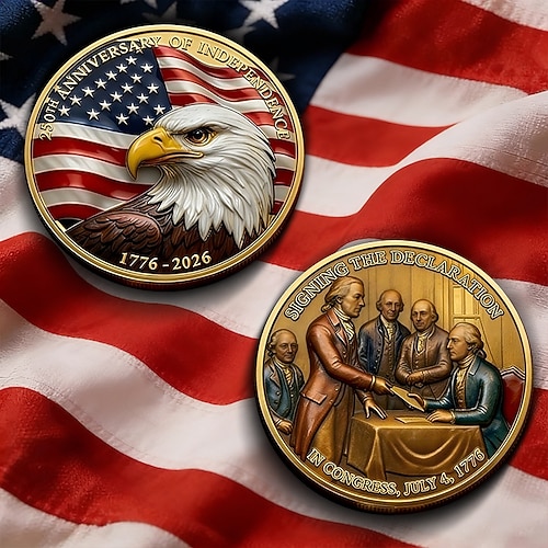 Gedenkmünze zum 250. Jahrestag der USA – patriotisches Adler- und amerikanisches Flaggenmotiv, Sammlermünze in Gold- und Silberoptik für den Unabhängigkeitstag, Veteranen und Sammler von US-amerikanischer Geschichte Image