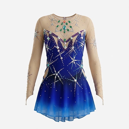 Eiskunstlaufkleid Damen Eislaufen Kleid Marineblau Patchwork Daumenloch Dehnbar Training Wettbewerb Eiskunstlaufkleidung Klassisch Kristall / Strass Langarm Eislaufen Eiskundstlauf Image