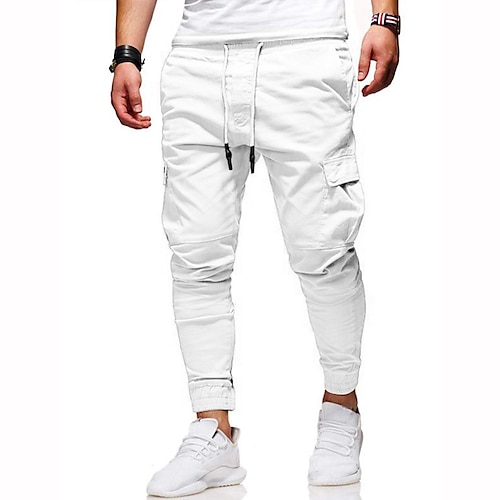 Herren Cargo-Hosen Cargohose Jogginghose Hose Patchwork Reißverschlusstasche Einfarbig Komfort Weich Lässig Täglich Streetwear Sport Mode Weiß Khaki Mikroelastisch Image