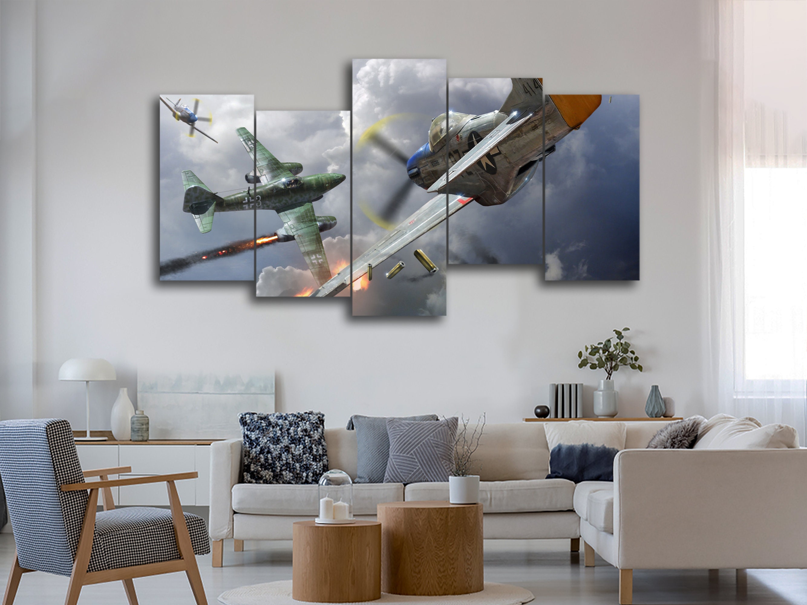 P 51 Abbattimento ME 262 Aeroplano 5 pezzi Canvas Wall Art, Grande incorniciato 5 pannelli Canvas Wall Art, Extra Large Incorniciato 5 Panel Canvas Wa