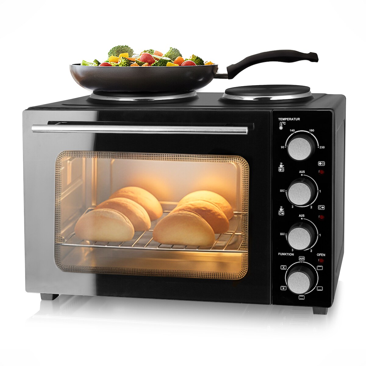 Emerio Mini-Backofen – 2 Kochplatten – 90–230 °C – Ober- & Unterhitze – Umluftfunktion – Innenbeleuchtung – Gitterrost + Backblech – MO-125236.4 Image