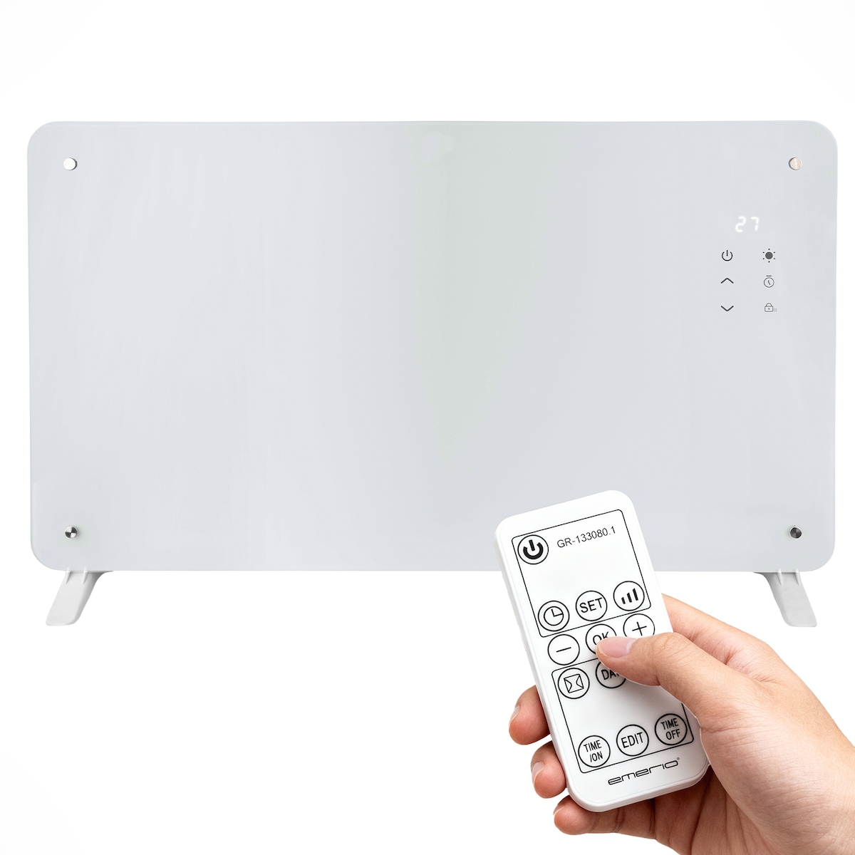 Emerio Glasheizkörper GR-133080.1 - 25 m² - 2000W - 2 Heizstufen - Timer - Fernbedienung - IP24 - Kippschutz - Wand- oder Standmontage - Display Image