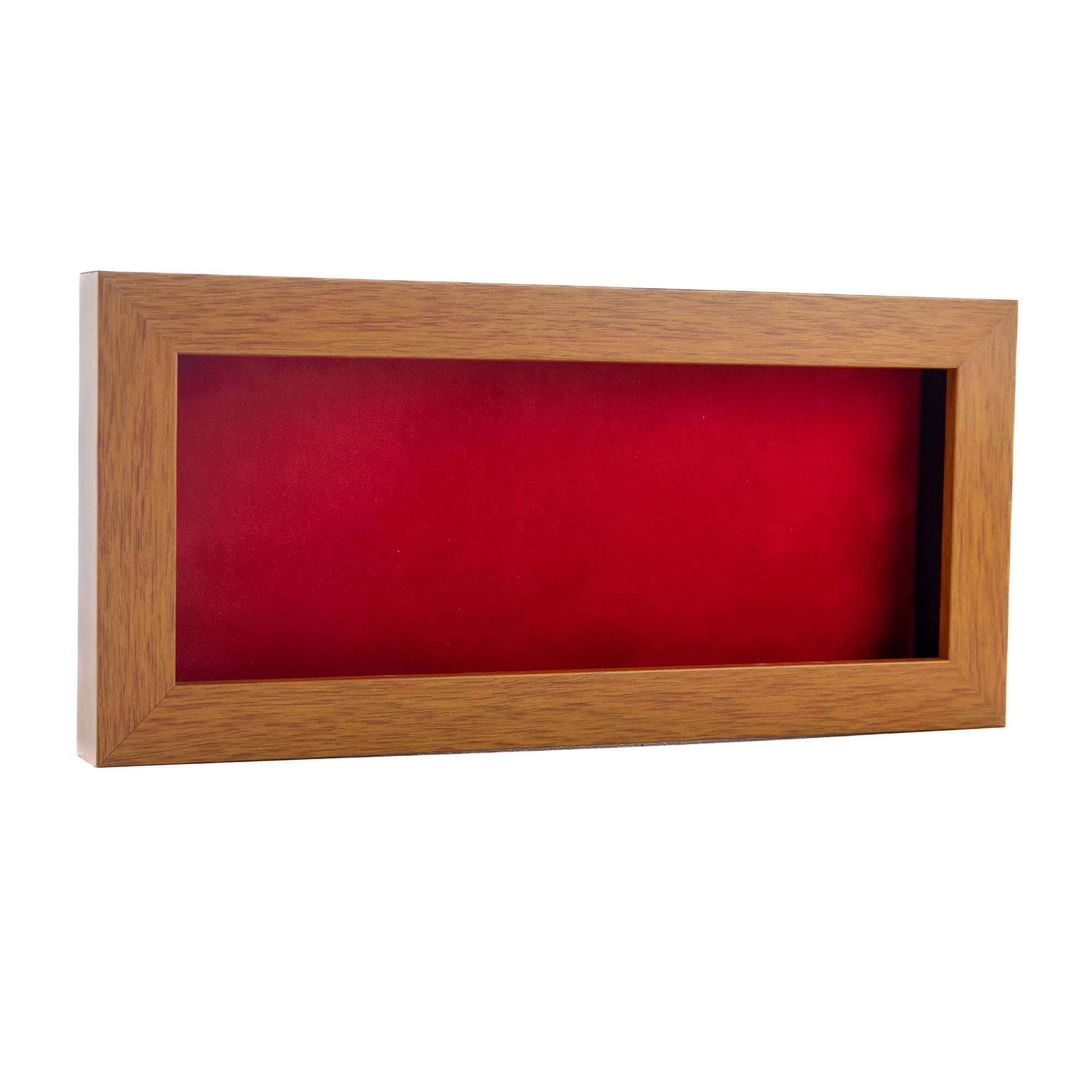 Warm Honey Brown Wood Shadow Box Frame with Acrylic Front - Red Suede Backing, 30 Sizes