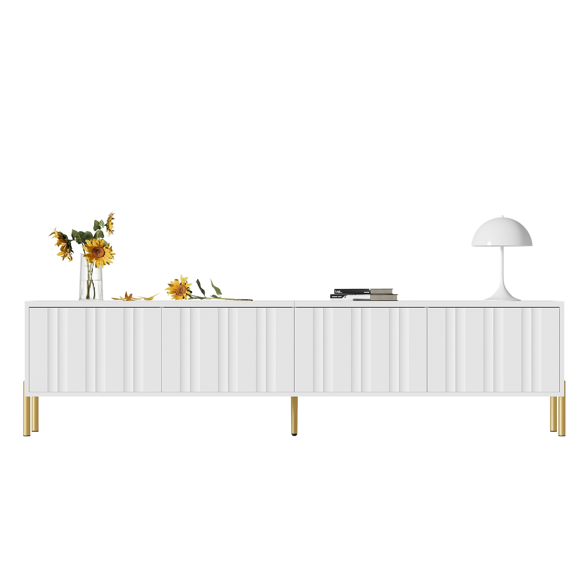 OKWISH TV Lowboard 190x38x48 cm Weiß mit 4 Türen 8 Fächern gerillter Front goldenen Metallbeinen und gedämpften Scharnieren für modernes Wohnzimmer Image