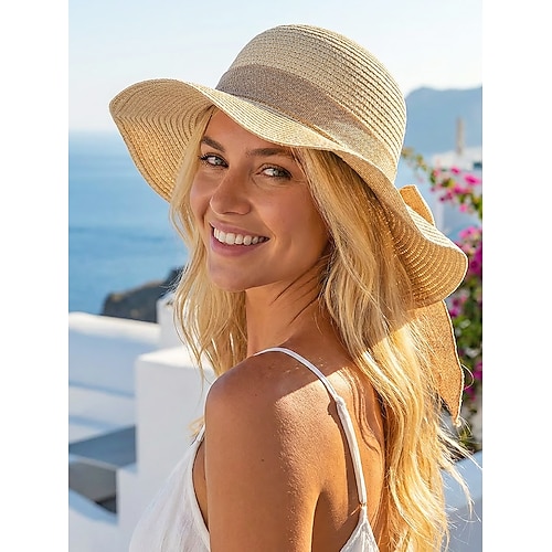 Cappello da sole da donna in paglia stile bohémien, cappello da spiaggia pieghevole multicolore con fiocco, cappello a tesa larga portatile per un look casual.