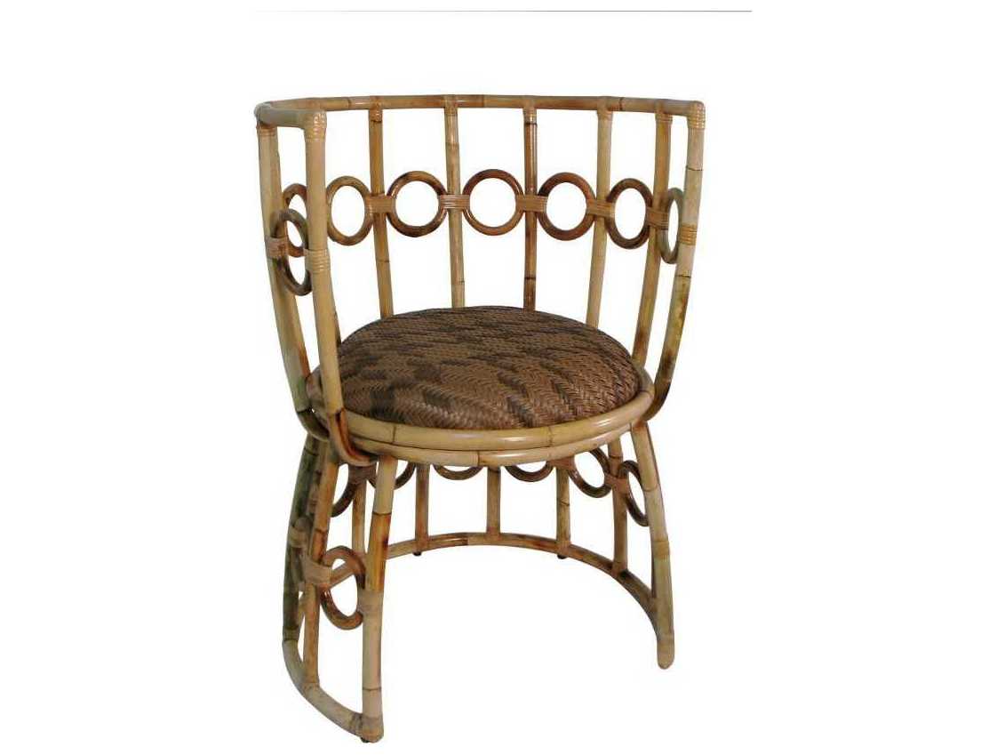 Single woven rattan accent chair with brown patterned cushion.