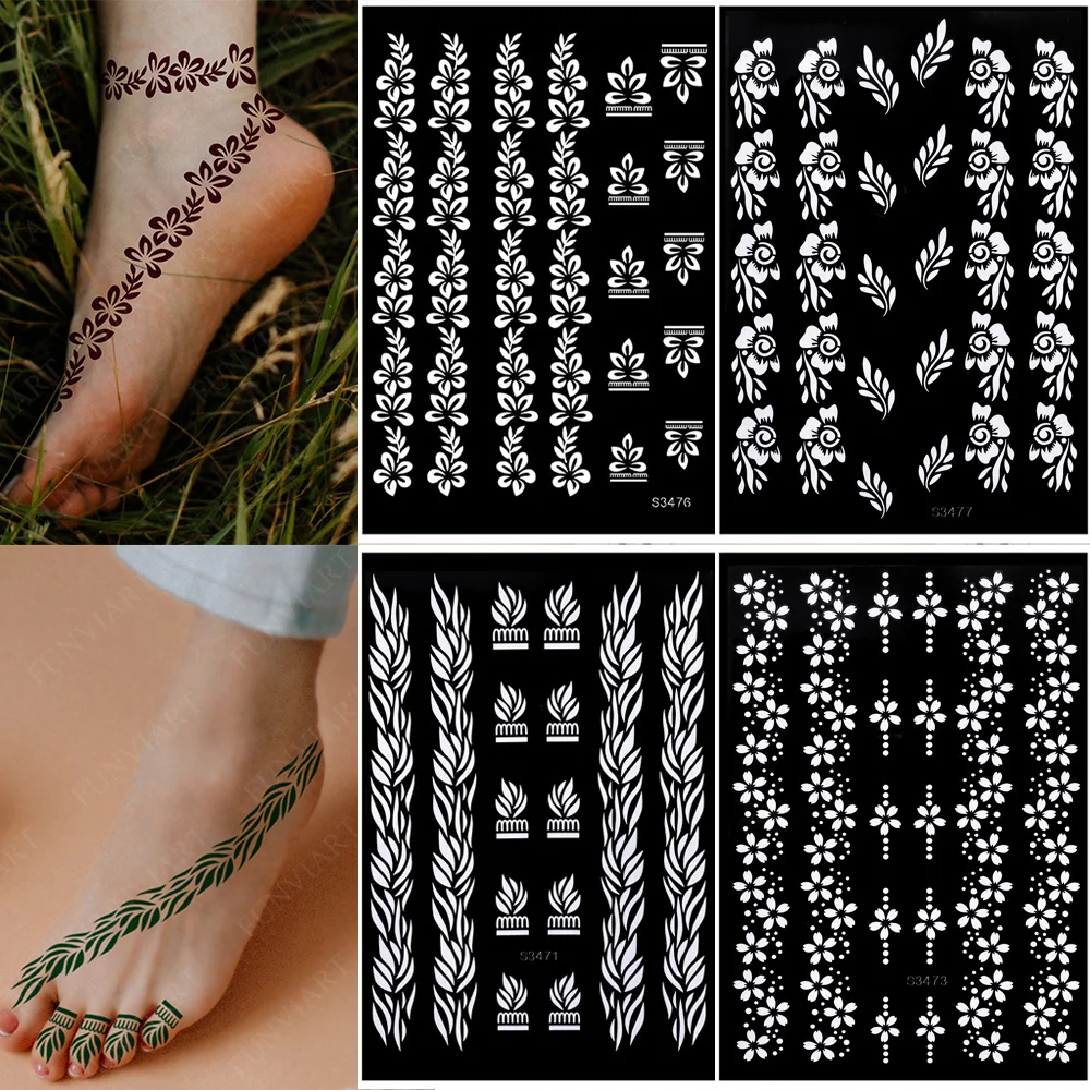 Henna Tattoo Schablonen Wiederverwendbare Malerei Schablone für Hand Körper Kunst Blume Temporäre Tattoo Vorlage Hülse Hochzeit Braut Schönheit Image