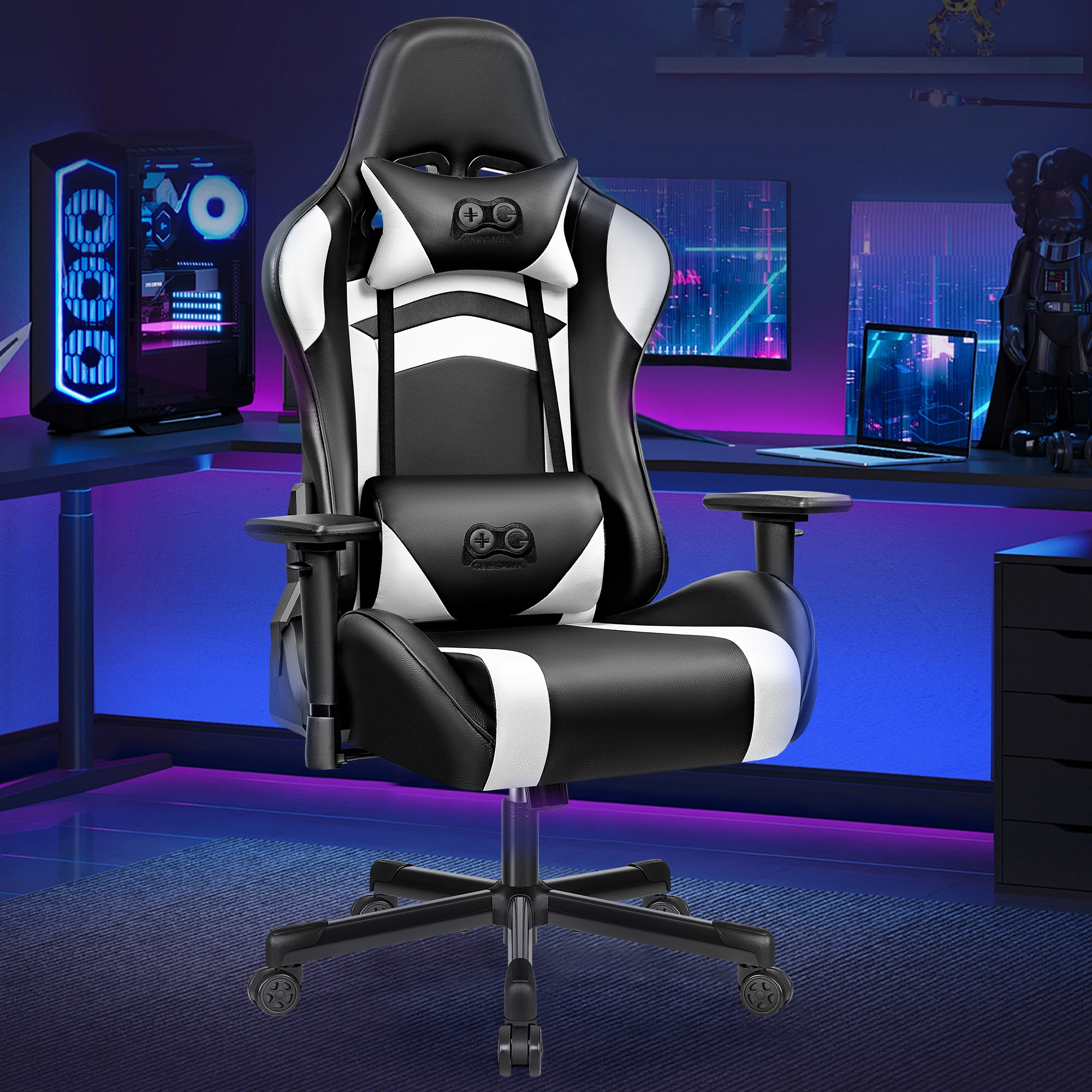 Gaming-Stuhl, ergonomisch, PU-Leder, verstellbare Armlehnen, wasserdicht, max. 150 kg, Schwarz/Weiß