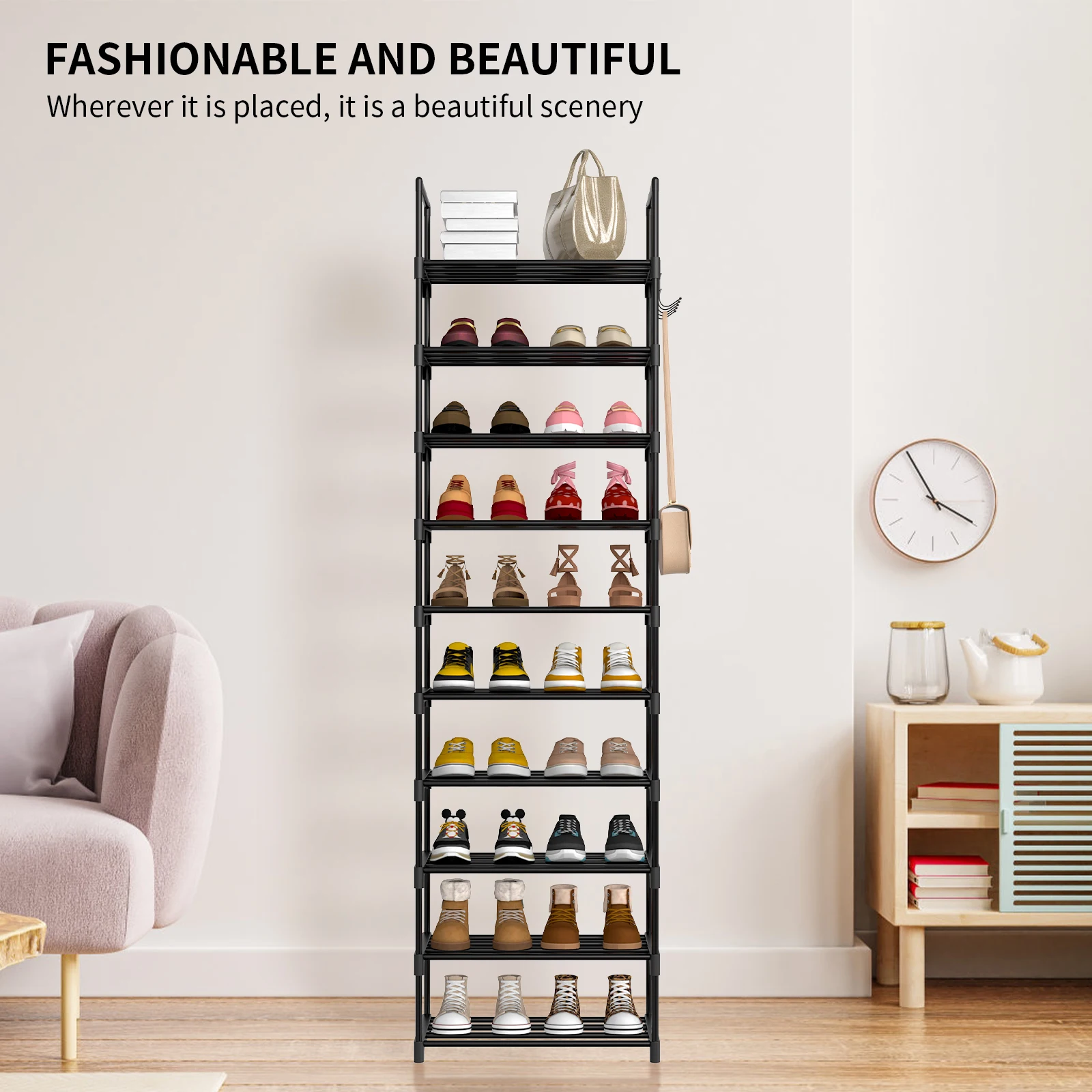 10-stufiges Schuhregal, Schuh-Organizer, Schuh-Aufbewahrungsschrank, Flur-Aufbewahrungseinheit, hält 15–20 Paar, Metallrahmen, werkzeuglose Montage
