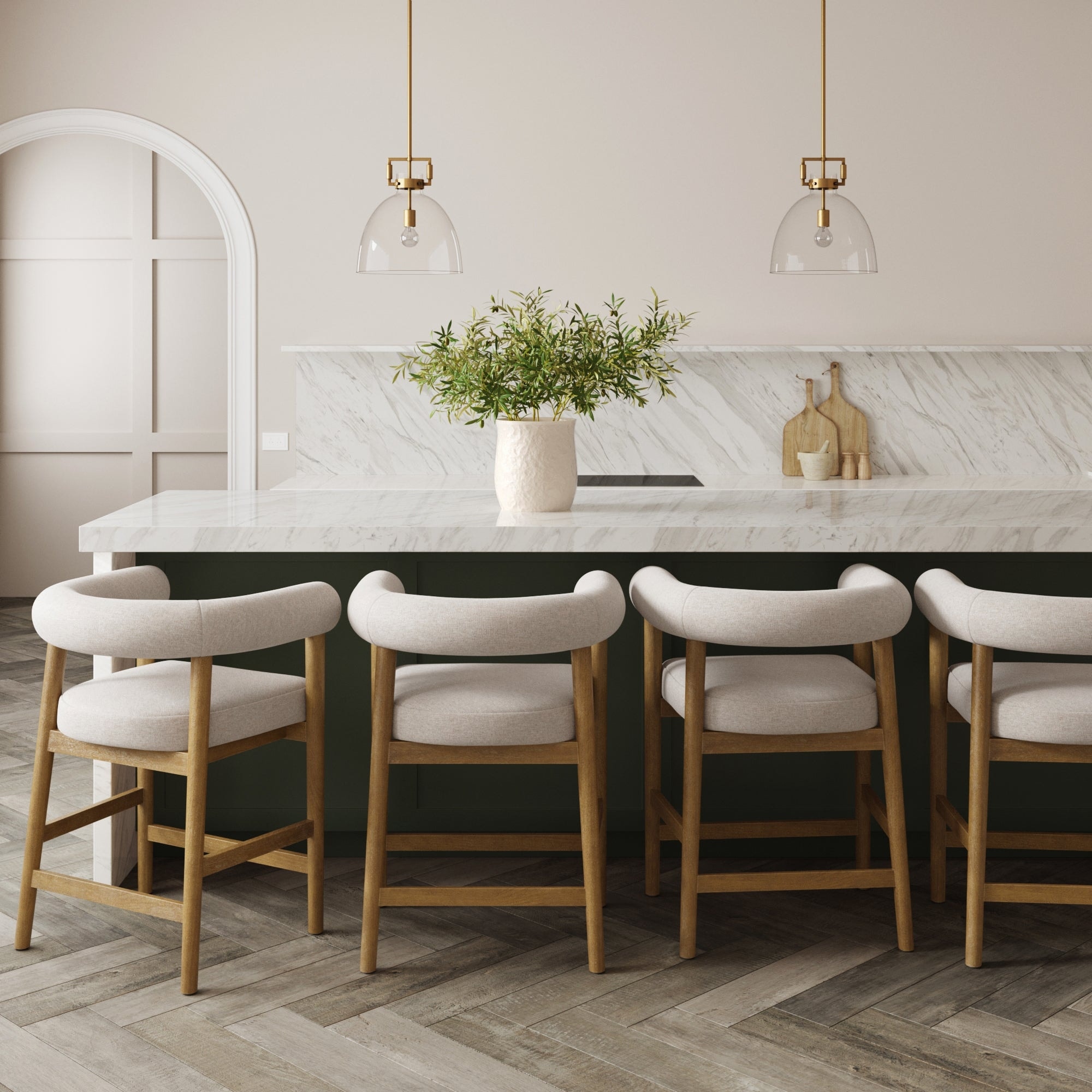 Demi Modern Barrel Bar Stool with Solid Wood Legs, Natural Flax Upholstery, and Curved Back