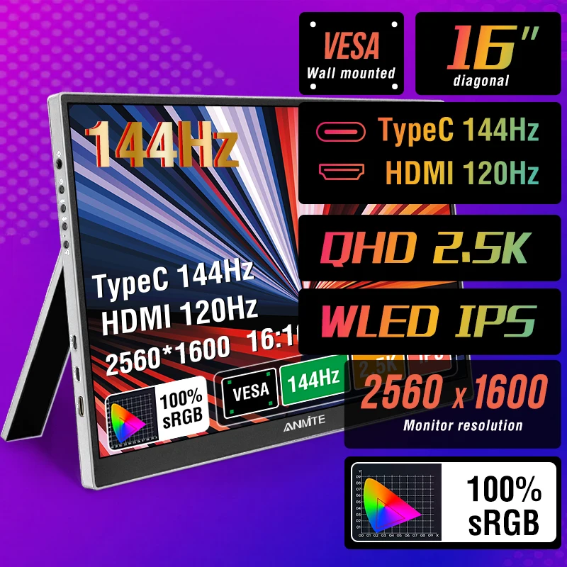 16-Zoll 2,5K tragbarer Gaming-Monitor 144Hz/120Hz 500cd/m Low Blue Light für XBox PS4 / 5 Switch Handy PC Laptop-Erweiterung Image