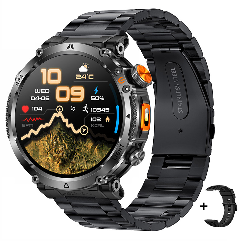 Rugged GPS Smart Watch for Men, Outdoor Sports Watch with 6 Satellite Positioning Systems, Trajectory Return Tracking for Mountaineering Hiking, Heart Rate SpO2 Monitor, Waterproof Metal Band Watch