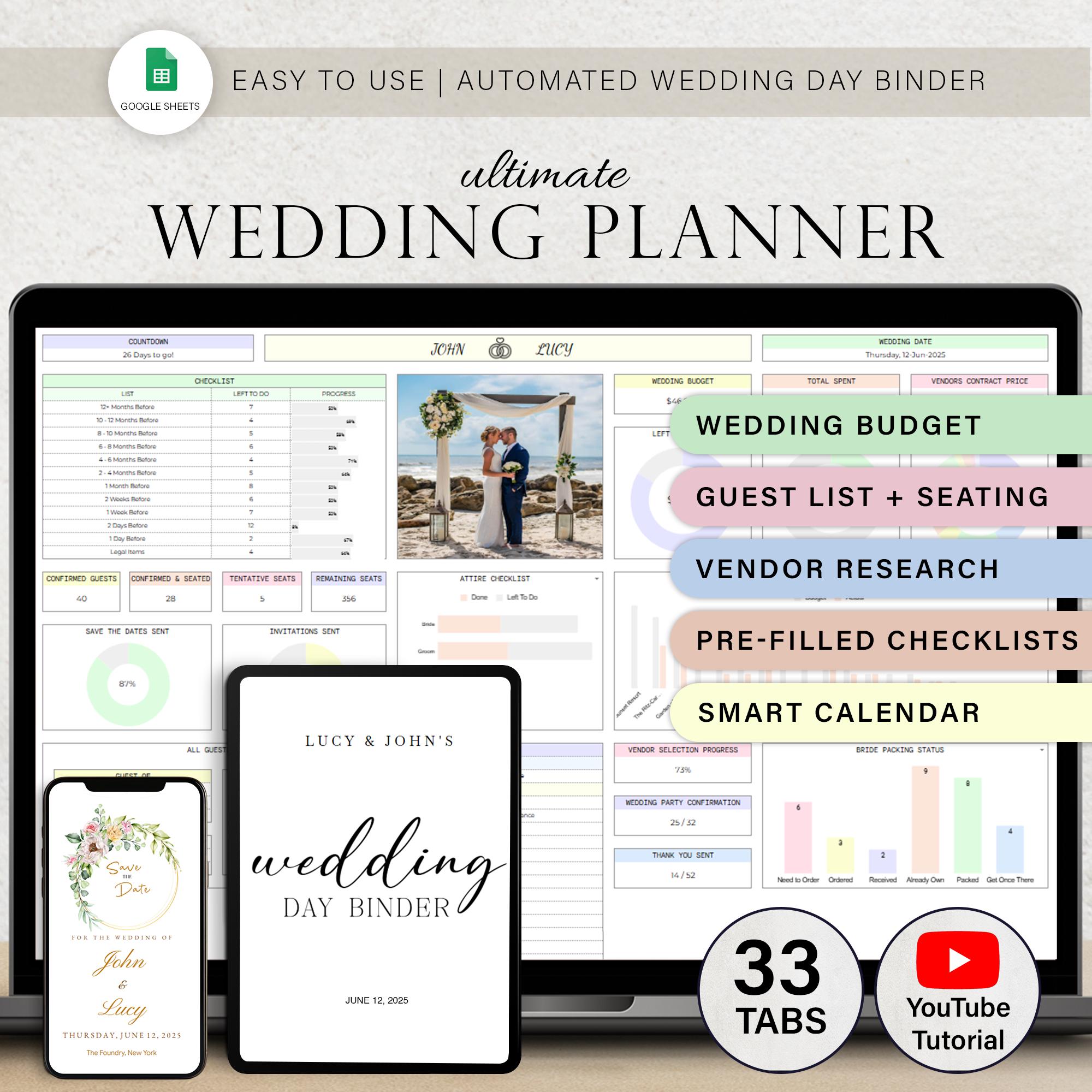 Foglio di calcolo per wedding planner, Tracker del budget per il matrimonio, Checklist per il matrimonio, Lista degli invitati, Disposizione dei posti