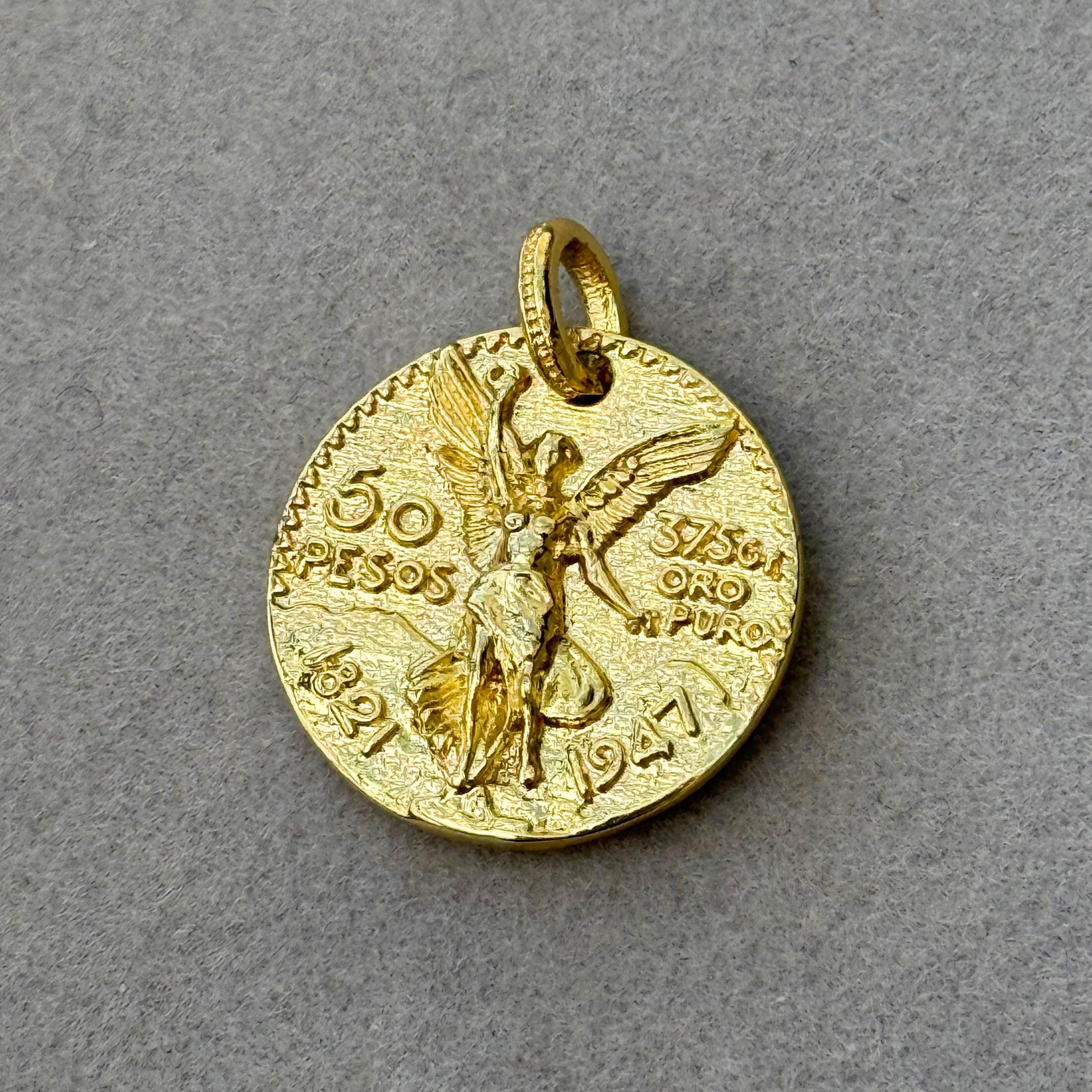 Ciondolo a forma di moneta d'oro, ciondolo a forma di moneta da 50 pesos per collana, ciondolo vintage a forma di moneta, ciondolo placcato oro 14 car