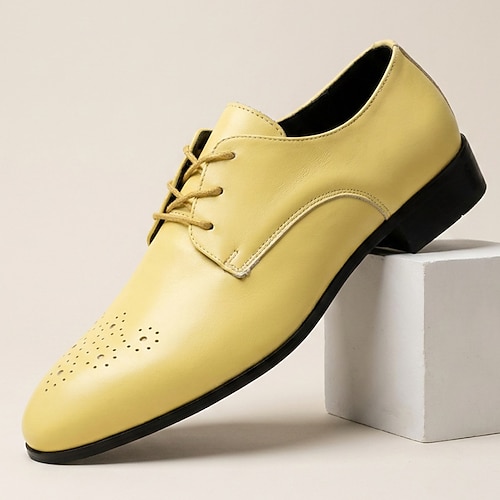Gelbe Derby-Schnürschuhe für Herren – klassische, elegante und minimalistische Herrenschuhe für Geschäftsleute, Büro, Hochzeiten, Bankette und festliche Anlässe. Image