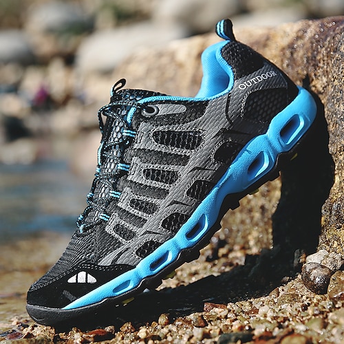 Graue und gelbe Herren-Wanderschuhe aus atmungsaktivem Mesh, schnelltrocknend, leichtes Schuhwerk für aktive Männer, geeignet für Trekking, Camping, Reisen und Outdoor-Abenteuer.