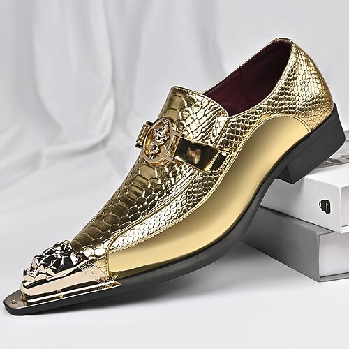 Goldene Herren-Loafer mit Krokodilprägung, luxuriöse Slipper zum Hineinschlüpfen, elegante Schuhe mit Metallkappe – ein Statement-Schuhwerk für stilbewusste Männer, geeignet für Hochzeiten, Bankette, Partys, Abschlussbälle und Bühnenauftritte.