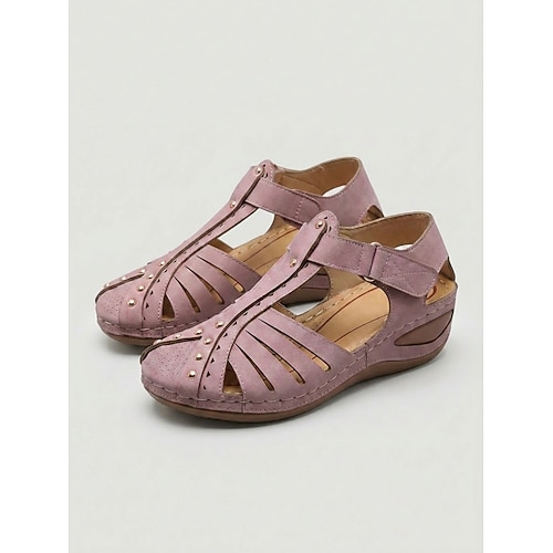 Rosa, atmungsaktive Gladiator-Sandalen für Damen mit Lochmuster, leichte, genietete Freizeitsandalen mit Klettverschluss, bequeme Schuhe für Alltag und Reisen lässiger Lebensstil Image