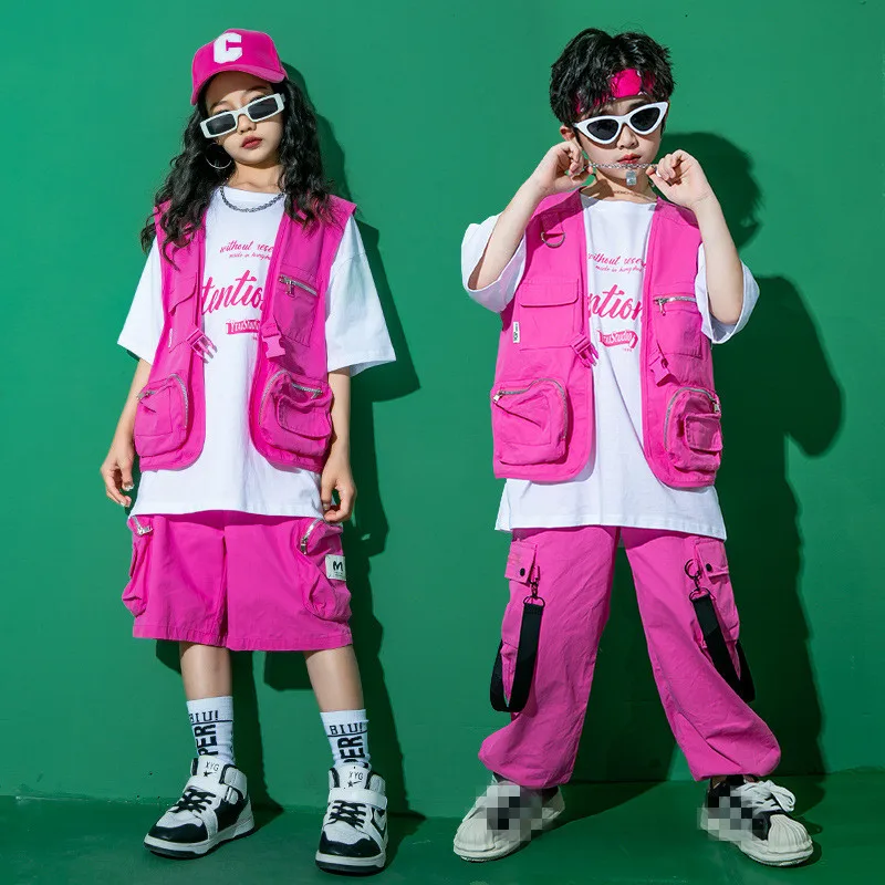 Jazz Dance Kostüm Kinder Hip Hop Kleidung Weißes kurzes kurzes T-Shirt Rosa Weste Hosen Teen Modern Dance Performance Bühnenkleidung