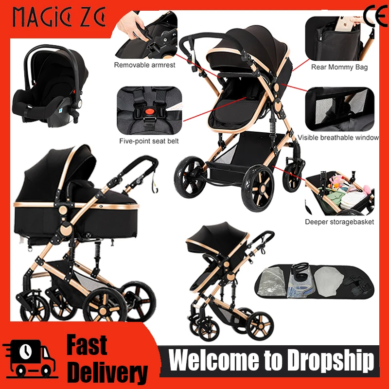 Multifunktionaler Tragbarer Kinderwagen 3-in-1 Hochsicht-Kinderwagen mit Autositz Beidseitig Schiebbares Reisesystem Neugeborenen-Kinderwagen Neu Image