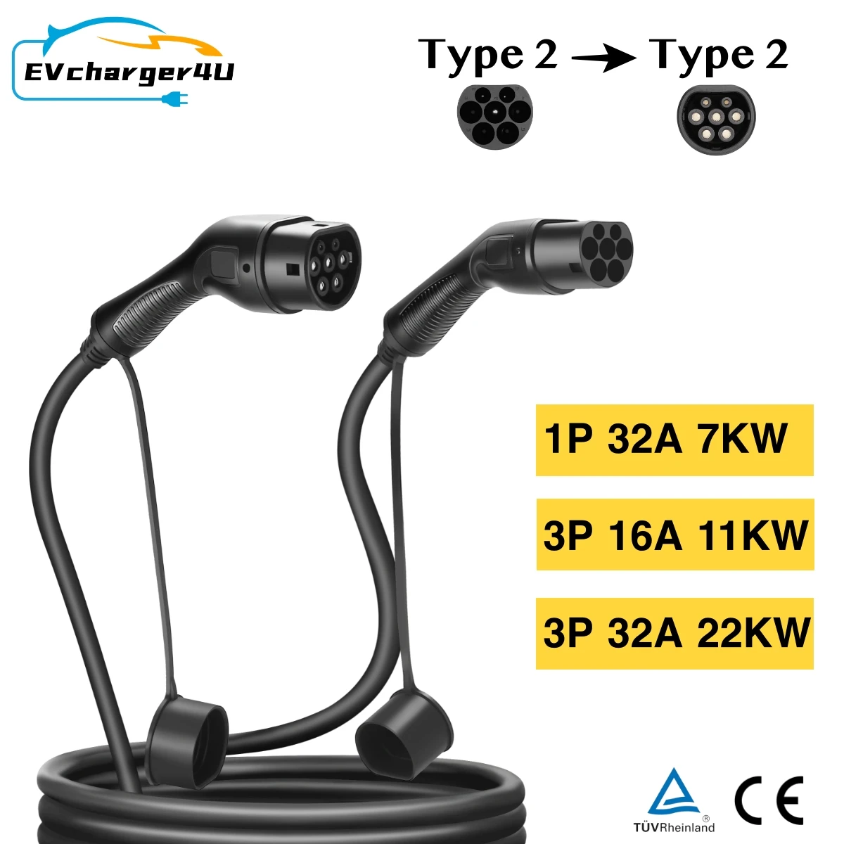 EVcharger4U IEC62196 EV-Ladekabel Typ 2 1 Phase/3 Phase 16A/32A 7KW/11KW/22KW Station Ladekabel für Elektrofahrzeuge Image
