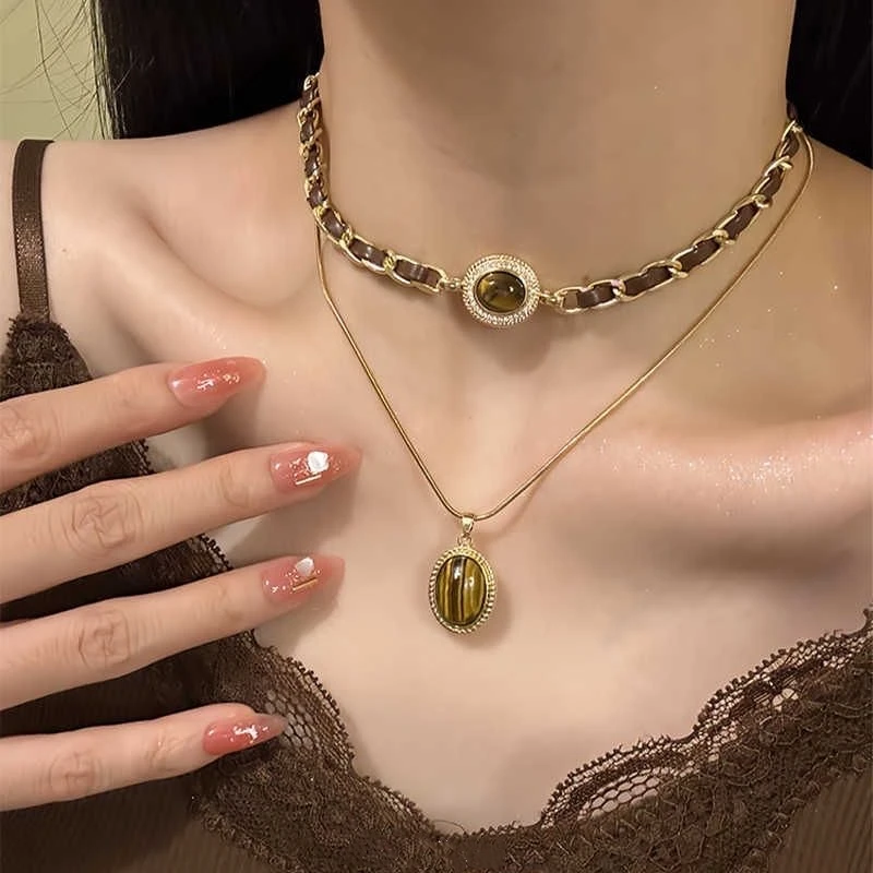 Natur Tigerauge Stein Anhänger Halsketten für Frauen Natürliche Perlen Weben Doppelschicht Halsketten Männer Mode Seil Kette Geschenke ﻿ Image
