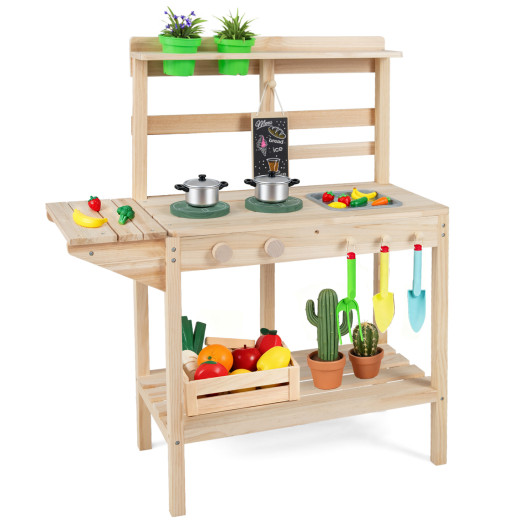 Costway Kids Play Kitchen Set Wooden Kitchen Playset with Stoves for Boys Girls 3+-Natural