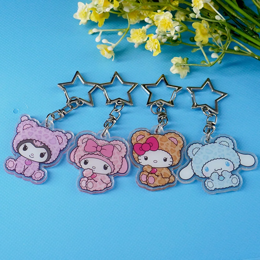 4 Stück Kawaii Sanrio Acryl-Schlüsselanhänger Anime Hello Kitty Kuromi Leopardenmuster Schlüsselanhänger Niedliche Taschenanhänger für Mädchen und Kinder