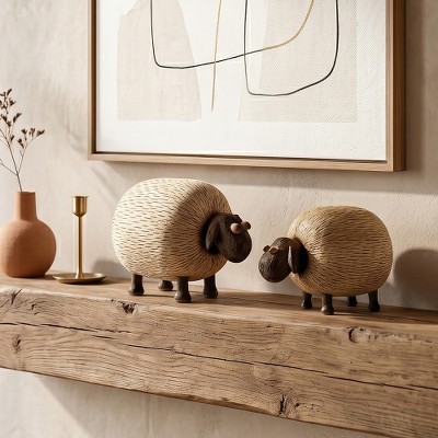 Sheep Duo,'2 Sheep-Themed Hand-Carved Mobile Whimsical Wood Figurines'