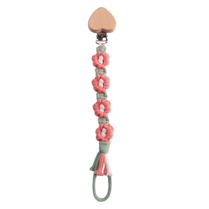 Buche Holz Baby Blume Nippel Schnuller Clip Hand Gewebt Baumwolle Tuch Schnuller Kette Für Baby Liefert Kautable Pflege Beißring Spielzeug Image