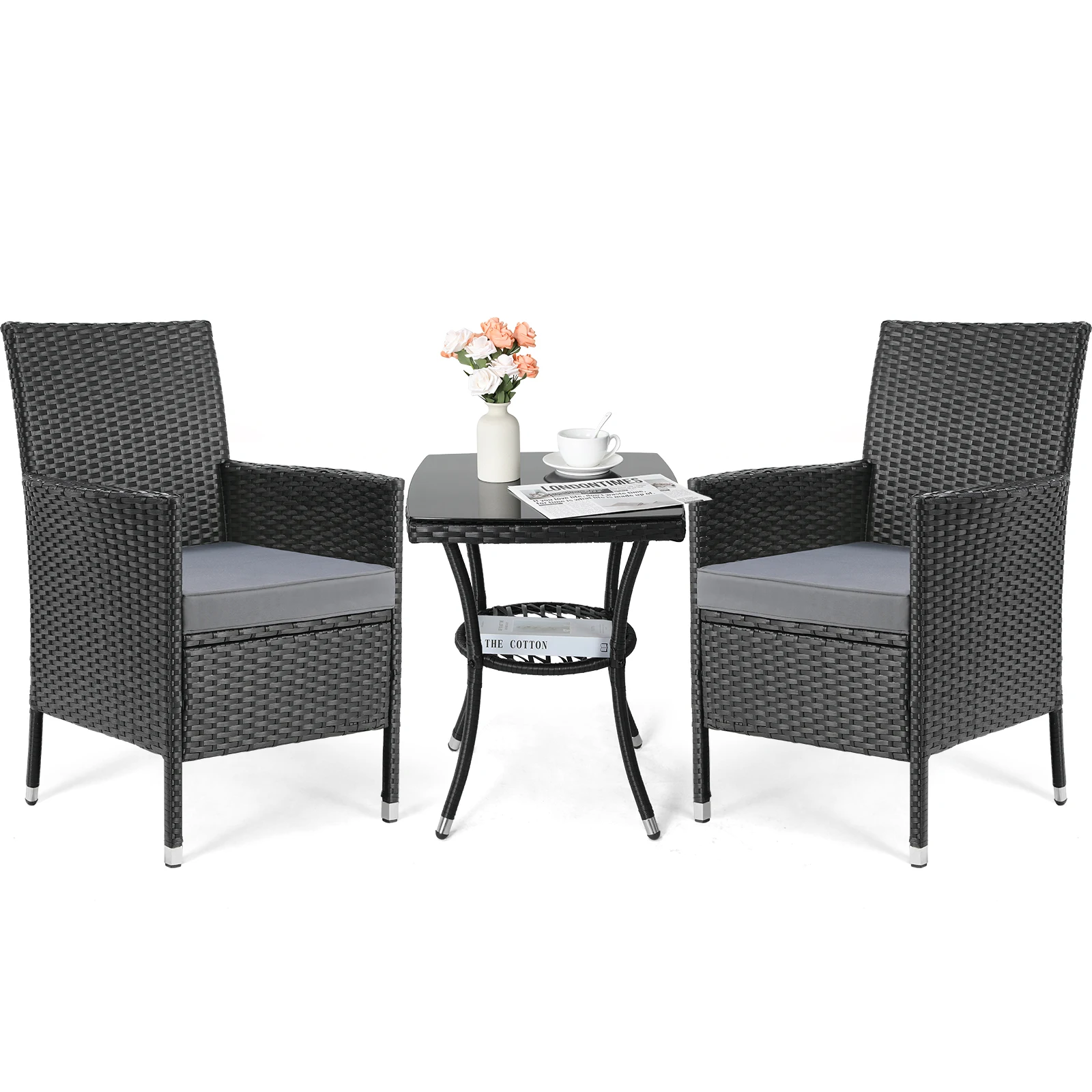 3-teiliges Sofa-Set aus Korbgeflecht und Rattan für Terrasse, Gartenmöbel, Gesprächssofa, Bistro-Set, gepolsterte Gartensofa-Set, Couchtisch + 2 Stühle