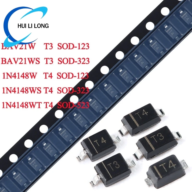100 Stück/Los 1N4148W T4 BAV21W T3 SOD-123 1N4148WS BAV21WS SOD-323 1N4148WT SOD-523 1N4148 BAV21 BAV21W SMD Schaltdioden 100 Stück Image