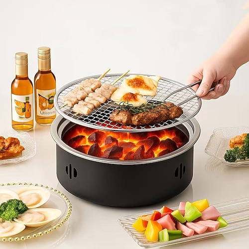 4-teiliges Edelstahl-Holzkohlegrill-Set, tragbarer, faltbarer Holzkohlegrill, multifunktionaler Grillrost für drinnen und draußen, unverzichtbares Grillutensil für Familienfeiern, ein absolutes Muss! Image