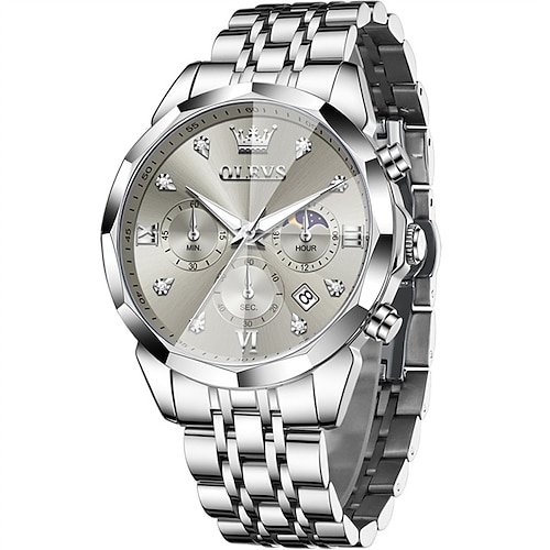 Schwarze Herren-Luxusuhr aus Edelstahl, Chronograph, Business-Mode-Armbanduhr mit Datums- und Mondphasenanzeige, wasserdicht, mit Leuchtmasse, Diamanten, römischen Ziffern und mehreren Zifferblättern, Image