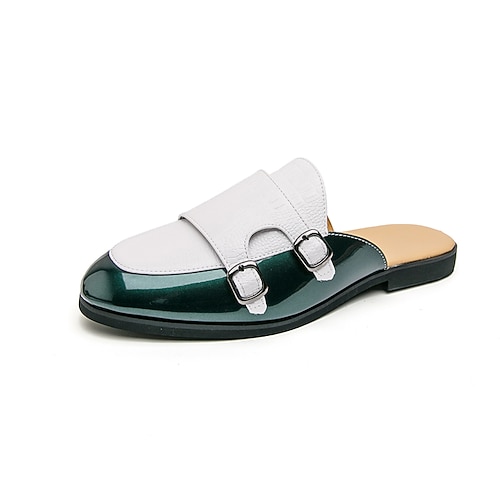 Weiße und grüne Double-Monk-Mules für Herren – modische Slipper, die ein modisches Statement setzen und sich perfekt für stilbewusste Männer eignen, ideal für Hochzeiten, Bankette, Partys und Abendveranstaltungen. Image