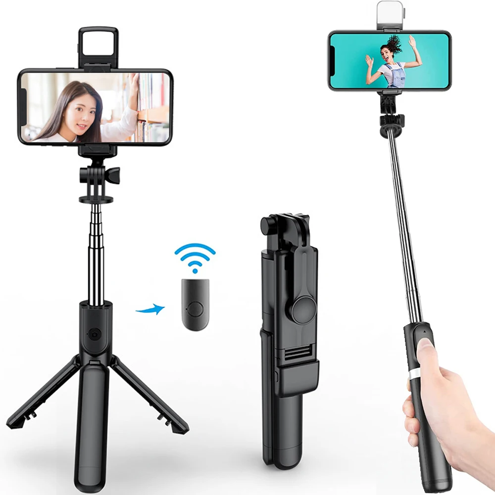 3-in-1-Bluetooth-Selfie-Stativ mit kabelloser Fernbedienung, Fülllicht und Fernauslöser, tragbares, faltbares Einbeinstativ für iPhone und Smartphones Image